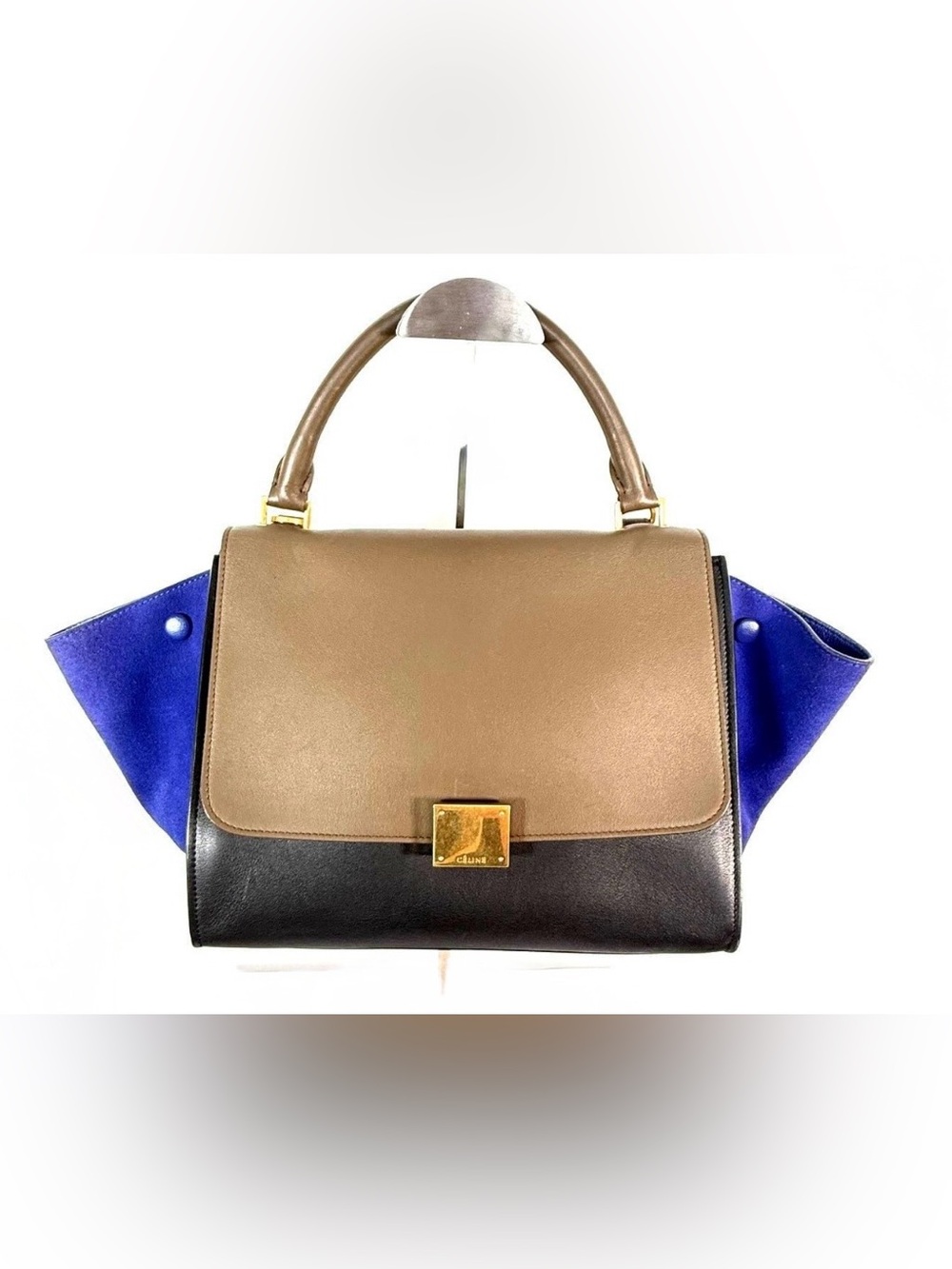 Celine Trapeze Tri-Color Leather and Suede Top-Handle Bag inTaupe, Black & Blue